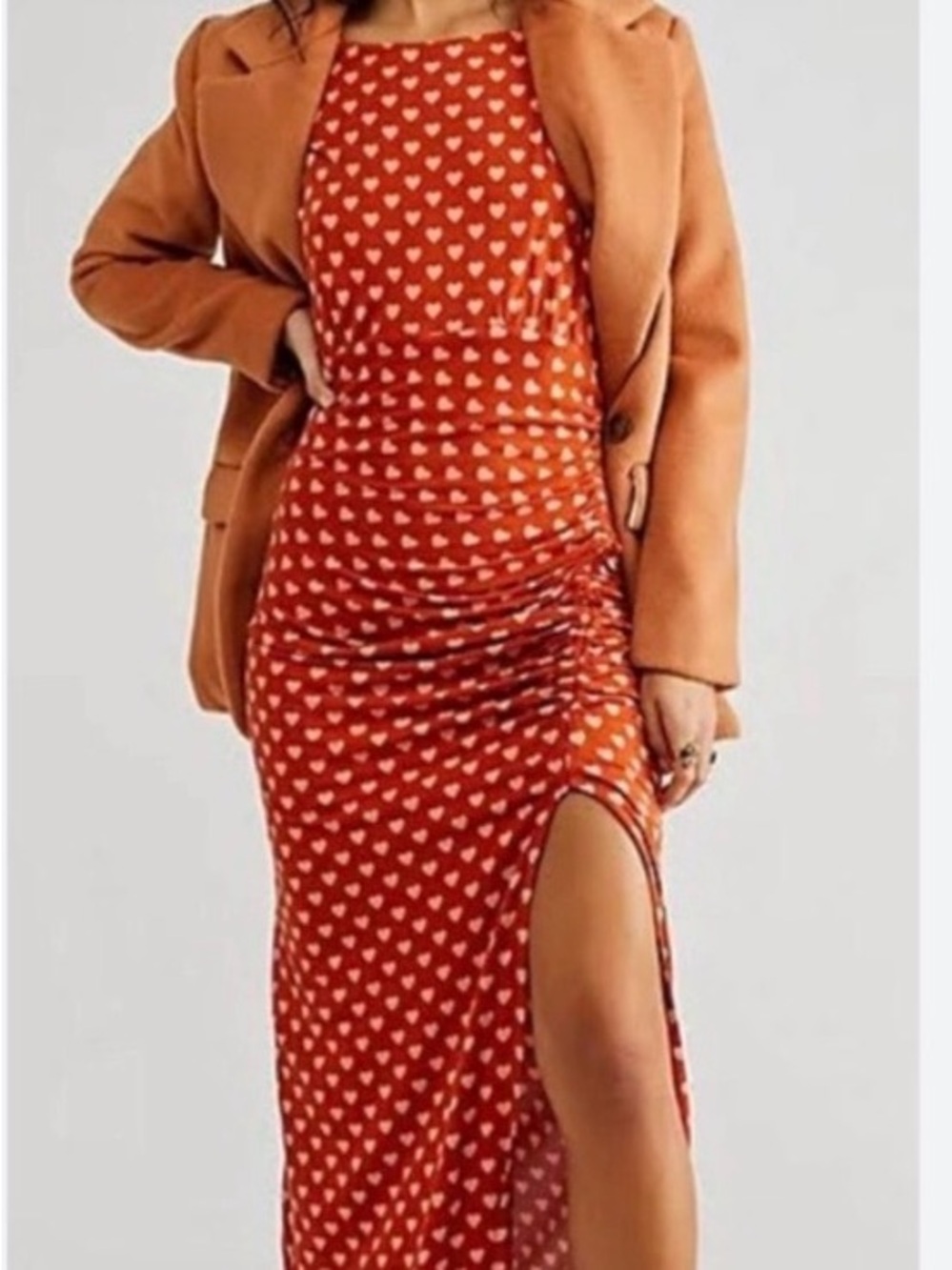 Free People Lakeside Maxi - Red Heart-Print Ruched Side-Slit Maxi Dress - Women